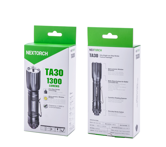 NEXTORCH TA30 Tactical LED Taschenlampe, 1300 Lumen, Kopf mit Nano- Keramik Glasbrecher, Stroboskopfunktion
