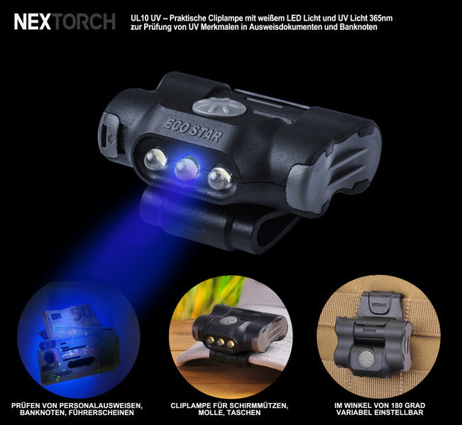 NEXTORCH UL10UV - LED- Cliplampe Weißlicht + UV Licht 365nm zur Dokumentenkontrolle
